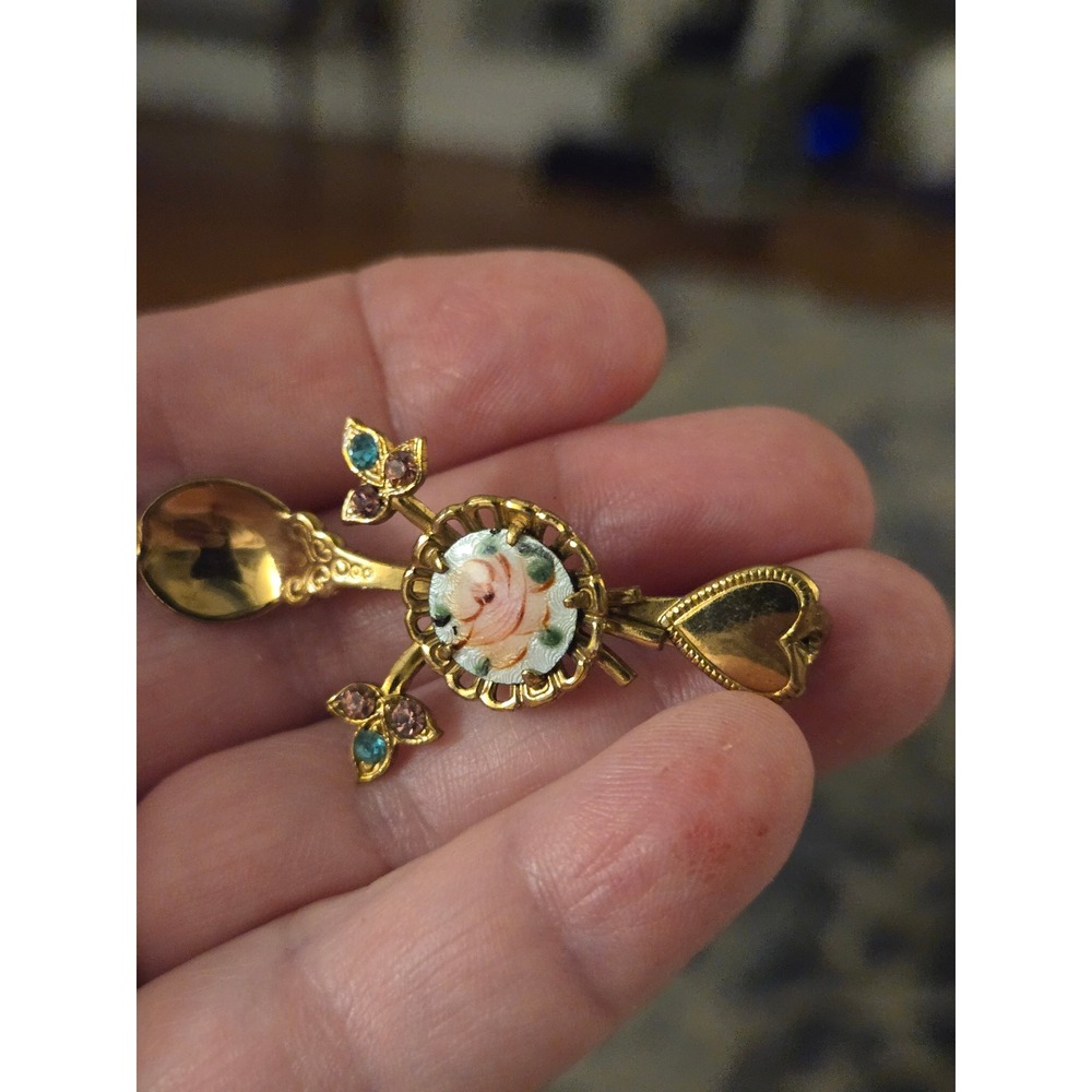 Coro Tiny Gold Vermeil Spoon Floral Enamel Heart Brooch Vintage Rare